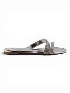 Call It Spring Women's Rhinestone Double Strap Slip On Flat Sandals Silver 10